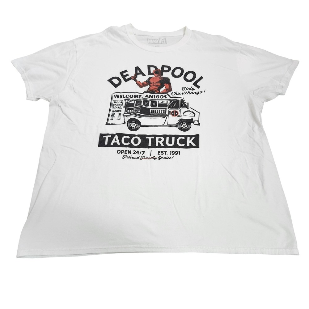 Marvel Shirt Mens 2XL White Deadpool Taco Truck Graphic Tee Food Truck Top